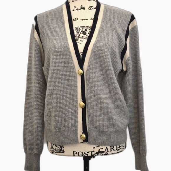 J. Crew Cashmere Waffle Knit Cardigan Sweater M Cropped Boxy Fit Preppy Button - Picture 1 of 12